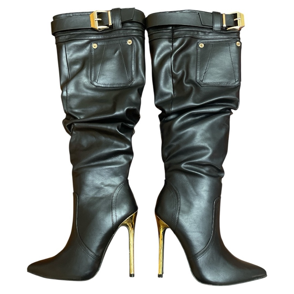 Shoedazzle Black and Gold Heeled Boots